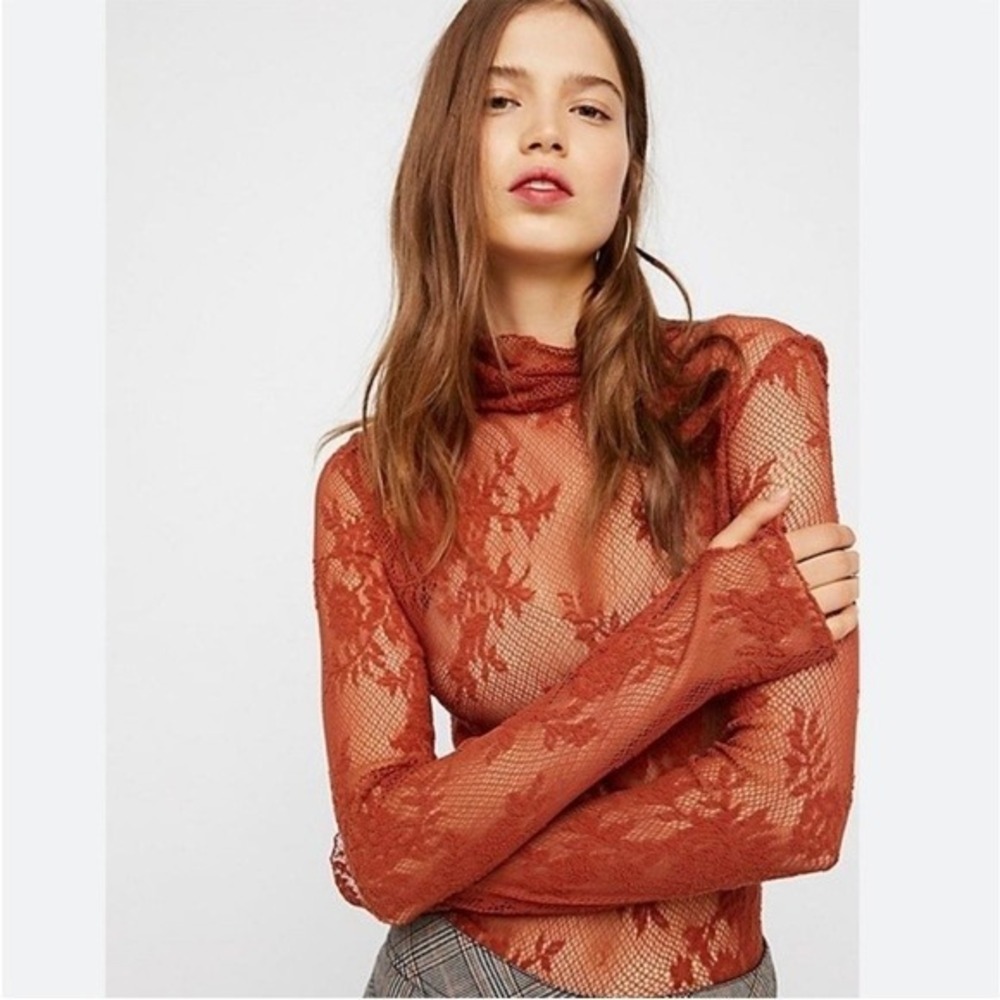 Free People Sweet Secrets Turtleneck Women M Rust Orange Lace Long Sleeve Top